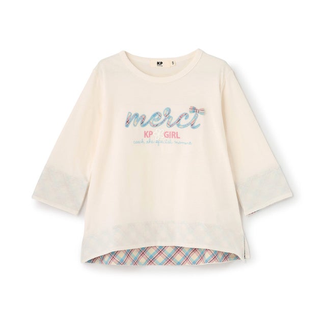 チェックロゴアップリケ 7分袖Tシャツ （生成）