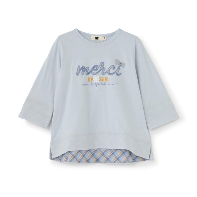 チェックロゴアップリケ 7分袖Tシャツ （ライト ブルー）
