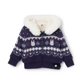mimiちゃん ノルディック柄 裏ボア ニットパーカ （紺）