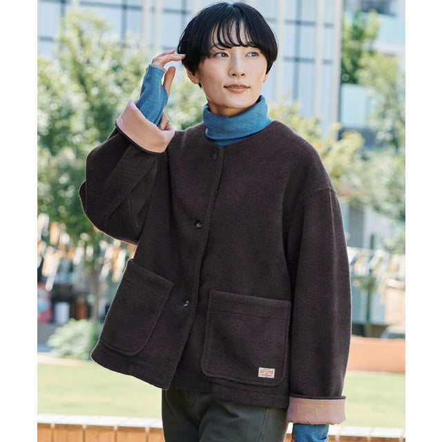 パイル フリース ノーカラージャケット （D.BROWN）