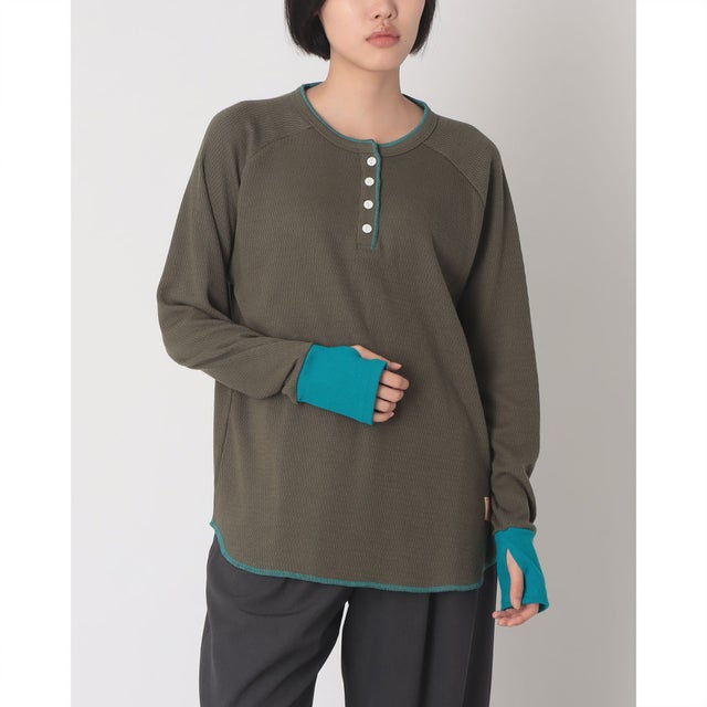 ハニカムワッフルバイカラーロンT （OLIVE GREEN）
