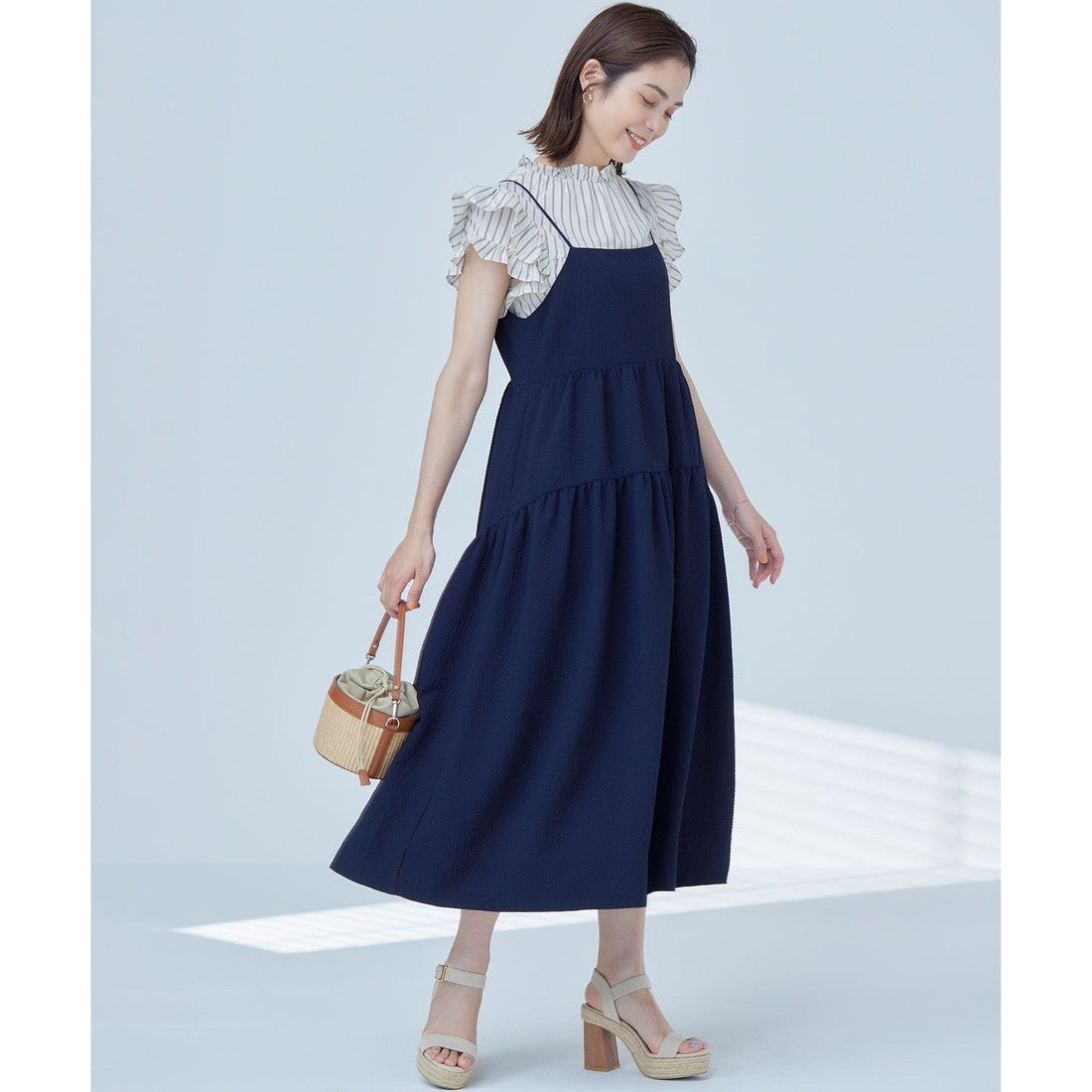 ひ*✨様 組曲 クレープストレッチティアードキャミワンピース F ロングワンピ 組曲 【WEB限定】クレープストレッチ ティアードキャミワンピース