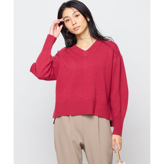 【8色展開・手洗い可】ウールカシミヤミックス Vネックニット （ザクロ系）