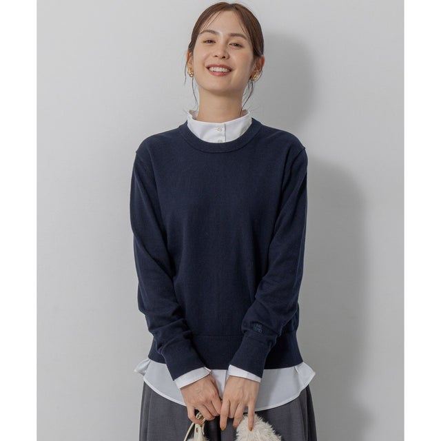 コットンカシミヤMIX刺繍入りニット （ネイビー系）