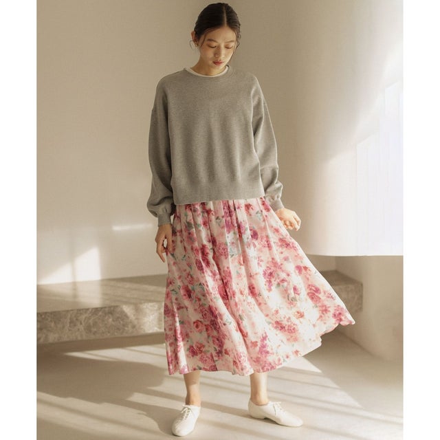 【Flower Collection】ブーケフラワープリント スカート （ピンクピオニー系5）