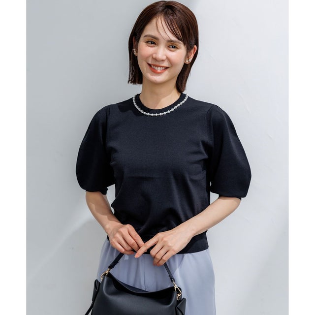 【WEB限定】クリアストレッチビジューレーン6分袖 ニット （ブラック系）