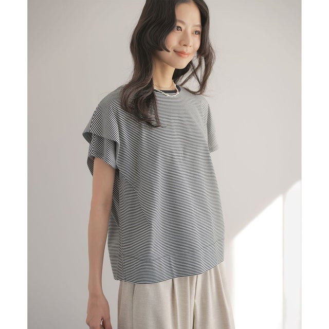 GIZAコットンドルマンスリーブ Tシャツ （ネイビー×オフ系2）