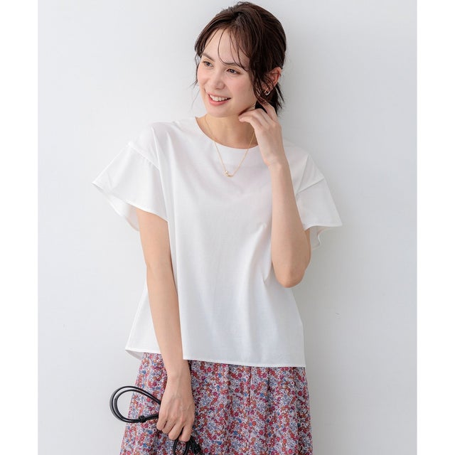 【WEB限定】プレーティング天竺フリルスリーブ Tシャツ （アイボリー系）