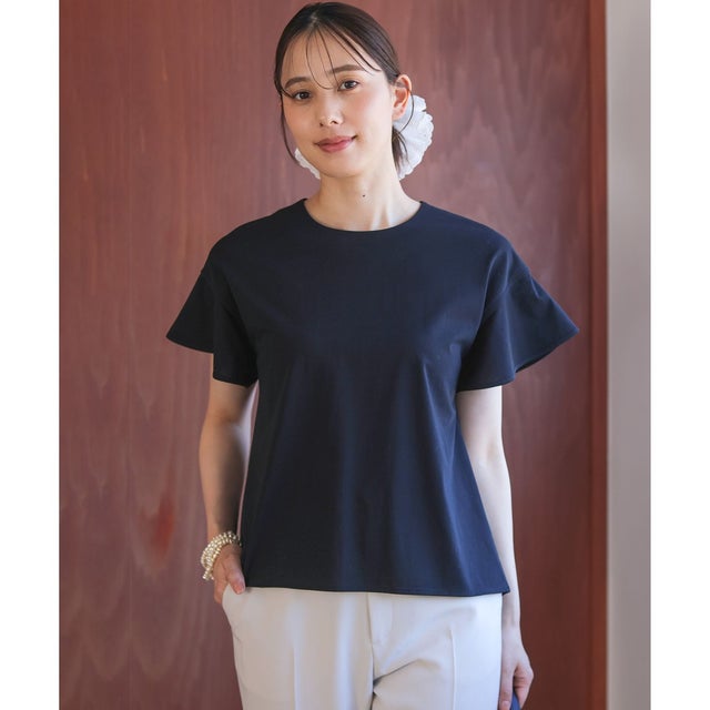 【WEB限定】プレーティング天竺フリルスリーブ Tシャツ （ブラック系）