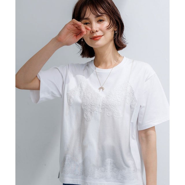 【先行予約・WEB限定】トロンプルイユ レースキャミソール Tシャツ  （ホワイト系）