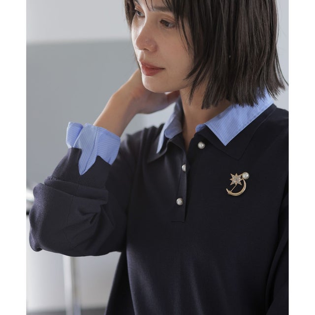 【WEB限定】ストレッチクリアニット シャツレイヤード風プルオーバー （ネイビー系）