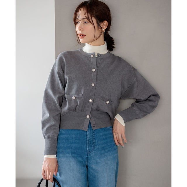 【WEB限定色あり】ELENA パールボタン ニットジャケット （【WEB限定】チャコールグレー系9）