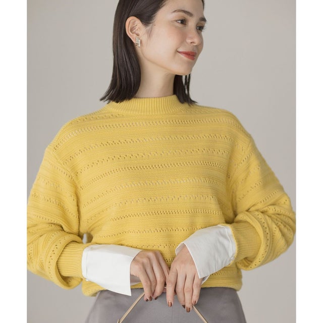 【WEB限定カラーあり】透かし編みバルキーボーダー柄ニット （【WEB限定】イエロー系9）