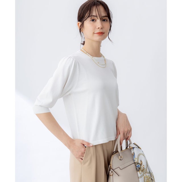 【接触冷感・UVケア】フラワーメタル ニットTシャツ （パールホワイト）