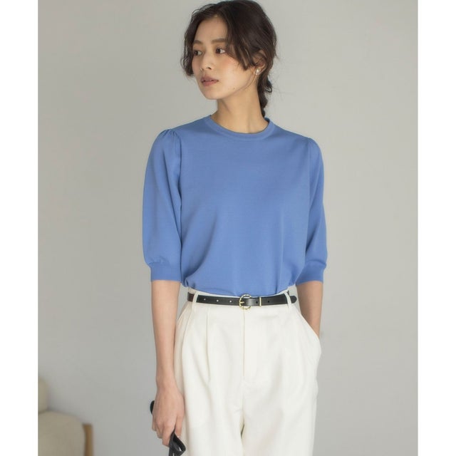 【接触冷感・UVケア】フラワーメタル ニットTシャツ （ブルー）