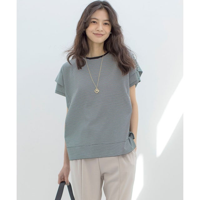 【UVケア・接触冷感】GIZAコットンドルマンスリーブ Tシャツ （モノトーンストライプ系1）