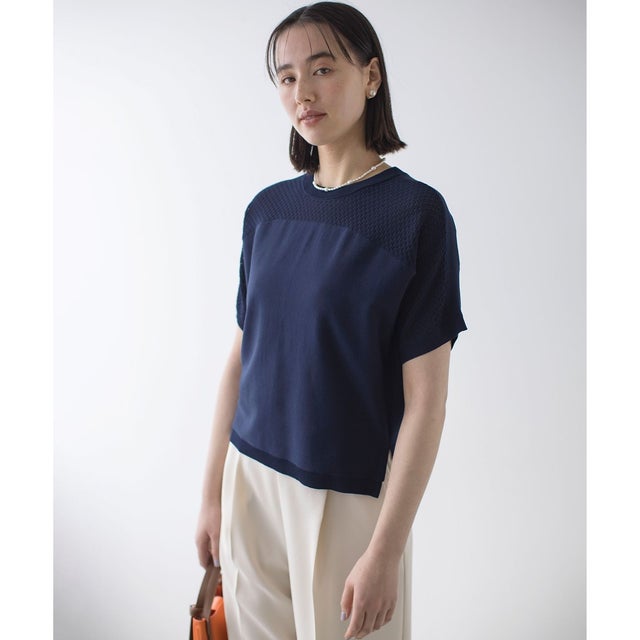 【WEB限定】メッシュ切り替えドルマン ニット （ネイビー系）