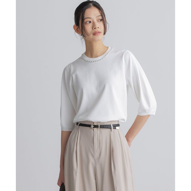 【WEB限定】クリアストレッチビジューレーン6分袖 ニット （ホワイト系）