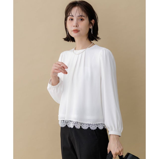 【WEB＆一部店舗限定】ジョーゼットシフォン 裾レースブラウス （オフホワイト系）