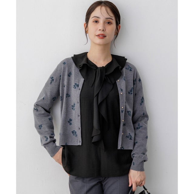【先行予約】シックニット フラワープリント カーディガン （チャコールグレー系）