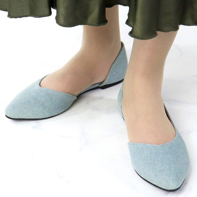 2E フラット Vカットサイドオープンパンプス オフィスカジュアル オケージョン ワイドパンツ ロングスカート ワンピース 韓国ファッション 疲れにくい 履きやすい 歩きやすい /5403 （ブルーデニム）
