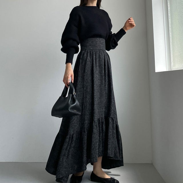 
                    ツイード裾フレアスカート （ブラック）