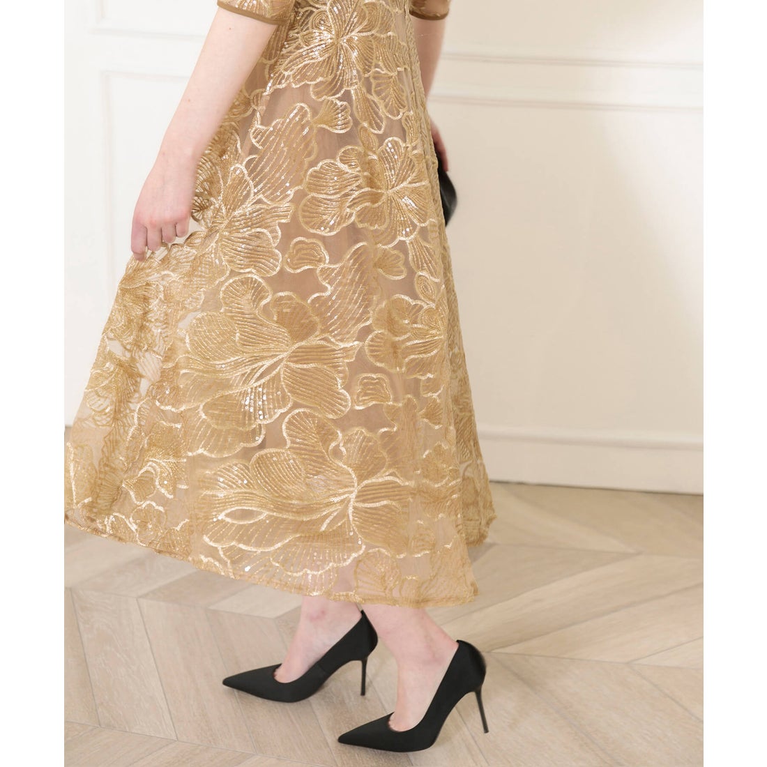 LEJA-花柄刺繍パイピングキラキラセットアップフレアロングドレス
