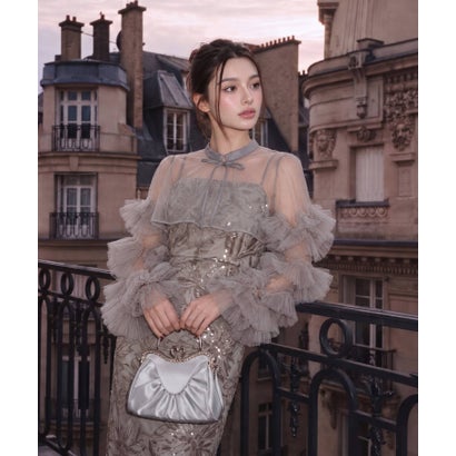 レジャ Leja フリルチュールスリーブリボンIラインワンピースドレス2点セット 美脚効果結婚式 パーティードレス 成人式 二次会 同窓会 お呼ばれ オケージョン 20代 30代 40代 （GRAY）｜詳細画像