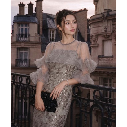レジャ Leja フラワースパンコールチュールフリルスリーブIラインワンピースドレス2点セット 美脚効果結婚式 パーティードレス 成人式 二次会 同窓会 お呼ばれ オケージョン 20代 30代 40代 （GRAY）｜詳細画像