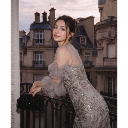 レジャ Leja フラワースパンコールチュールフリルスリーブIラインワンピースドレス2点セット 美脚効果結婚式 パーティードレス 成人式 二次会 同窓会 お呼ばれ オケージョン 20代 30代 40代 （GRAY）｜詳細画像