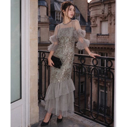 レジャ Leja フラワースパンコールチュールフリルスリーブIラインワンピースドレス2点セット 美脚効果結婚式 パーティードレス 成人式 二次会 同窓会 お呼ばれ オケージョン 20代 30代 40代 （GRAY）｜詳細画像