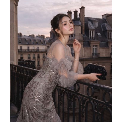 レジャ Leja フラワースパンコールチュールフリルスリーブIラインワンピースドレス2点セット 美脚効果結婚式 パーティードレス 成人式 二次会 同窓会 お呼ばれ オケージョン 20代 30代 40代 （GRAY）｜詳細画像
