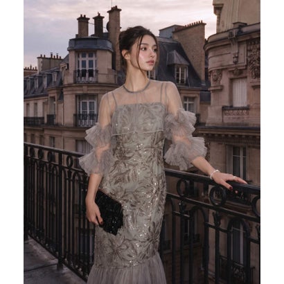 レジャ Leja フラワースパンコールチュールフリルスリーブIラインワンピースドレス2点セット 美脚効果結婚式 パーティードレス 成人式 二次会 同窓会 お呼ばれ オケージョン 20代 30代 40代 （GRAY）｜詳細画像