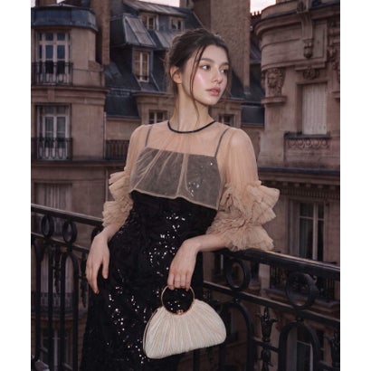 レジャ Leja フラワースパンコールチュールフリルスリーブIラインワンピースドレス2点セット 美脚効果結婚式 パーティードレス 成人式 二次会 同窓会 お呼ばれ オケージョン 20代 30代 40代 （BLACK）｜詳細画像