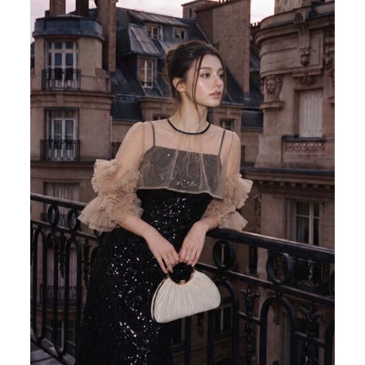 レジャ Leja フラワースパンコールチュールフリルスリーブIラインワンピースドレス2点セット 美脚効果結婚式 パーティードレス 成人式 二次会 同窓会 お呼ばれ オケージョン 20代 30代 40代 （BLACK）｜詳細画像