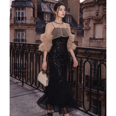 レジャ Leja フラワースパンコールチュールフリルスリーブIラインワンピースドレス2点セット 美脚効果結婚式 パーティードレス 成人式 二次会 同窓会 お呼ばれ オケージョン 20代 30代 40代 （BLACK）｜詳細画像