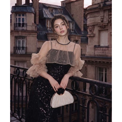 レジャ Leja フラワースパンコールチュールフリルスリーブIラインワンピースドレス2点セット 美脚効果結婚式 パーティードレス 成人式 二次会 同窓会 お呼ばれ オケージョン 20代 30代 40代 （BLACK）｜詳細画像