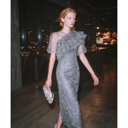 レジャ Leja 3WAYチュールラッフルフラワースパンコールIラインワンピースドレス2点セット 美脚効果結婚式 パーティードレス 成人式 二次会 同窓会 お呼ばれ オケージョン 20代 30代 40代 （GRAY BLUE）｜詳細画像