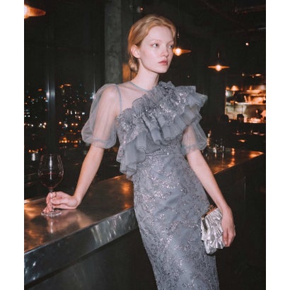 レジャ Leja 3WAYチュールラッフルフラワースパンコールIラインワンピースドレス2点セット 美脚効果結婚式 パーティードレス 成人式 二次会 同窓会 お呼ばれ オケージョン 20代 30代 40代 （GRAY BLUE）｜詳細画像