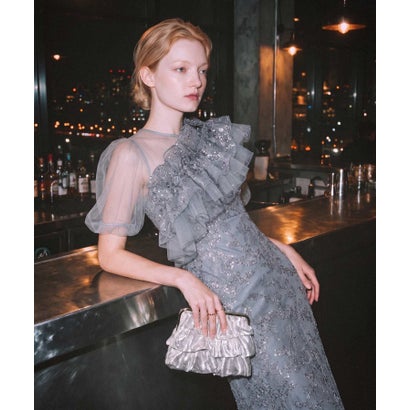 レジャ Leja 3WAYチュールラッフルフラワースパンコールIラインワンピースドレス2点セット 美脚効果結婚式 パーティードレス 成人式 二次会 同窓会 お呼ばれ オケージョン 20代 30代 40代 （GRAY BLUE）｜詳細画像