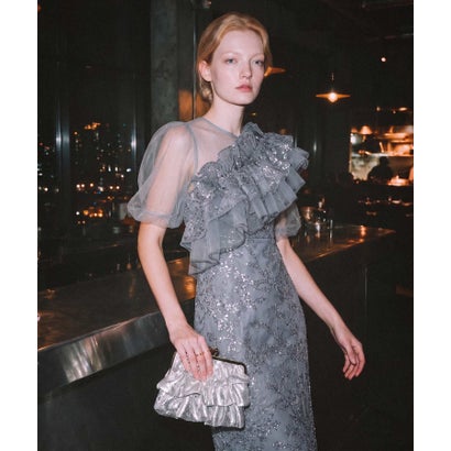 レジャ Leja 3WAYチュールラッフルフラワースパンコールIラインワンピースドレス2点セット 美脚効果結婚式 パーティードレス 成人式 二次会 同窓会 お呼ばれ オケージョン 20代 30代 40代 （GRAY BLUE）｜詳細画像