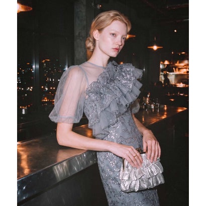レジャ Leja 3WAYチュールラッフルフラワースパンコールIラインワンピースドレス2点セット 美脚効果結婚式 パーティードレス 成人式 二次会 同窓会 お呼ばれ オケージョン 20代 30代 40代 （GRAY BLUE）｜詳細画像