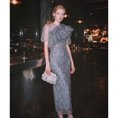 レジャ Leja 3WAYチュールラッフルフラワースパンコールIラインワンピースドレス2点セット 美脚効果結婚式 パーティードレス 成人式 二次会 同窓会 お呼ばれ オケージョン 20代 30代 40代 （GRAY BLUE）｜詳細画像