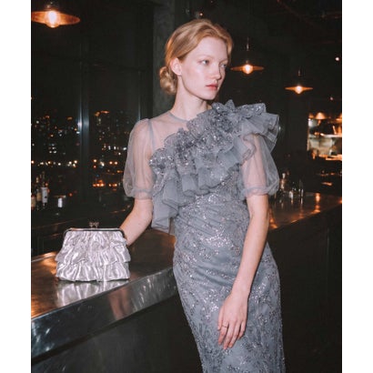 レジャ Leja 3WAYチュールラッフルフラワースパンコールIラインワンピースドレス2点セット 美脚効果結婚式 パーティードレス 成人式 二次会 同窓会 お呼ばれ オケージョン 20代 30代 40代 （GRAY BLUE）｜詳細画像