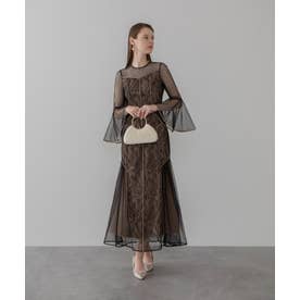 パイピングラインベルスリーブチュールレースAラインドレスワンピースオケージョンドレス美脚効果結婚式 パーティードレス 成人式 二次会 同窓会 お呼ばれ オケージョン 20代 30代 40代 （BLACK）