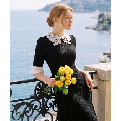 レジャ Leja 花柄レースカラースパンコール刺繍Aラインフレアドレスワンピース美脚効果結婚式 パーティードレス 成人式 20代 30代 40代 （BLACK）｜詳細画像