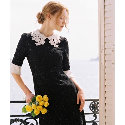 レジャ Leja 花柄レースカラースパンコール刺繍Aラインフレアドレスワンピース美脚効果結婚式 パーティードレス 成人式 20代 30代 40代 （BLACK）｜詳細画像