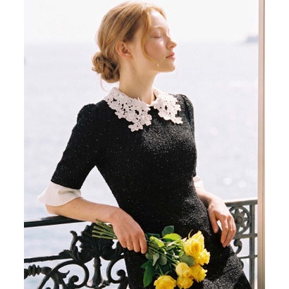 レジャ Leja 花柄レースカラースパンコール刺繍Aラインフレアドレスワンピース美脚効果結婚式 パーティードレス 成人式 20代 30代 40代 （BLACK）｜詳細画像
