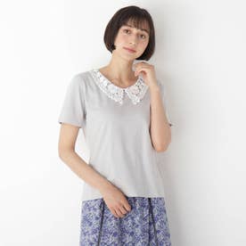 【洗える】ローズモチーフレース襟Tシャツ (ライトグレー)