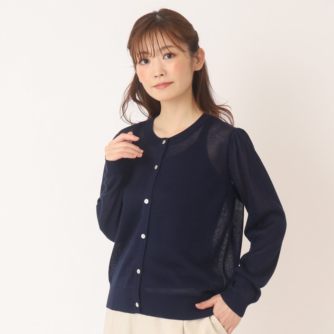 ローラ アシュレイ LAURA ASHLEY リネン混クルーネックカーディガン 